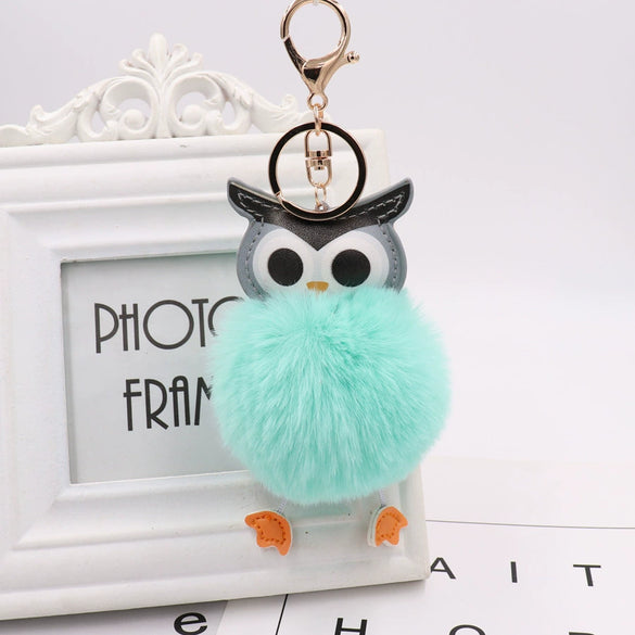 Plush Owl Fur Ball Keychain Pu Leather Cartoon Doll Pendant For Bag And Car Ornament