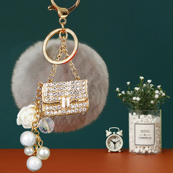 Plush Satchel Style Women's Car Keychain Diamond Encrusted Creative Bag Pendant Fur Ball Gift