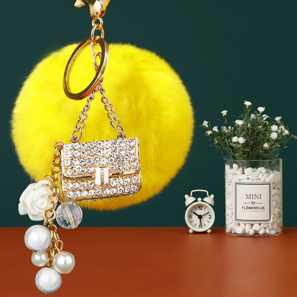 Plush Satchel Style Women's Car Keychain Diamond Encrusted Creative Bag Pendant Fur Ball Gift