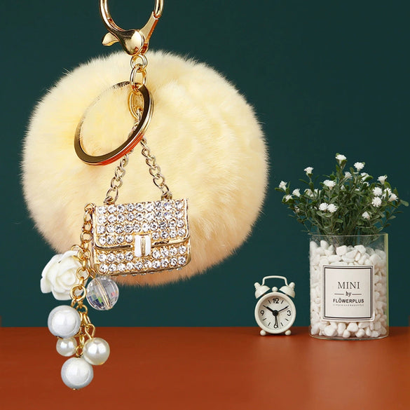 Plush Satchel Style Women's Car Keychain Diamond Encrusted Creative Bag Pendant Fur Ball Gift