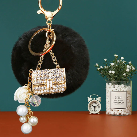 Plush Satchel Style Women's Car Keychain Diamond Encrusted Creative Bag Pendant Fur Ball Gift
