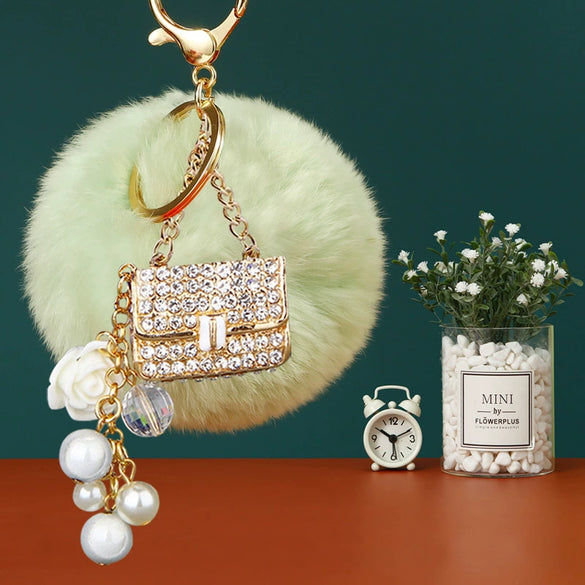Plush Satchel Style Women's Car Keychain Diamond Encrusted Creative Bag Pendant Fur Ball Gift
