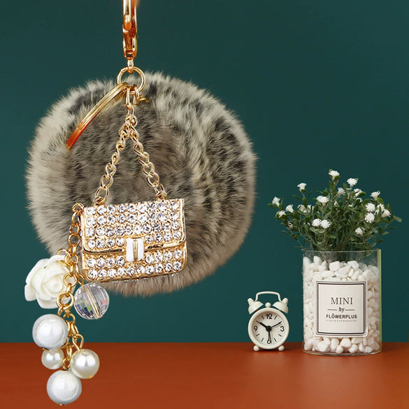 Plush Satchel Style Women's Car Keychain Diamond Encrusted Creative Bag Pendant Fur Ball Gift
