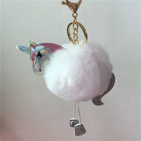 Plush Unicorn Pony Key Chain With Imitation Rex Rabbit Fur Ball And Pu Leather Pendant