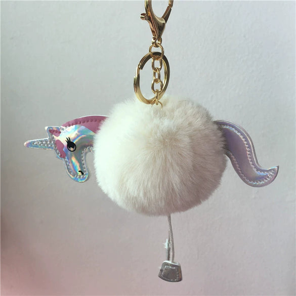 Plush Unicorn Pony Key Chain With Imitation Rex Rabbit Fur Ball And Pu Leather Pendant