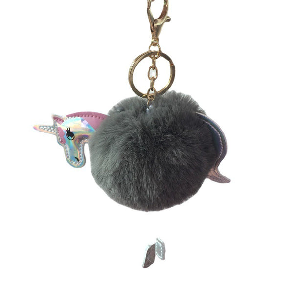 Plush Unicorn Pony Key Chain With Imitation Rex Rabbit Fur Ball And Pu Leather Pendant