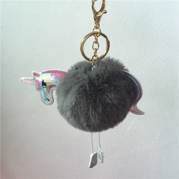 Plush Unicorn Pony Key Chain With Imitation Rex Rabbit Fur Ball And Pu Leather Pendant