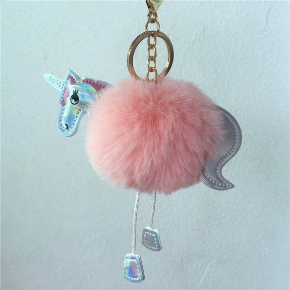 Plush Unicorn Pony Key Chain With Imitation Rex Rabbit Fur Ball And Pu Leather Pendant