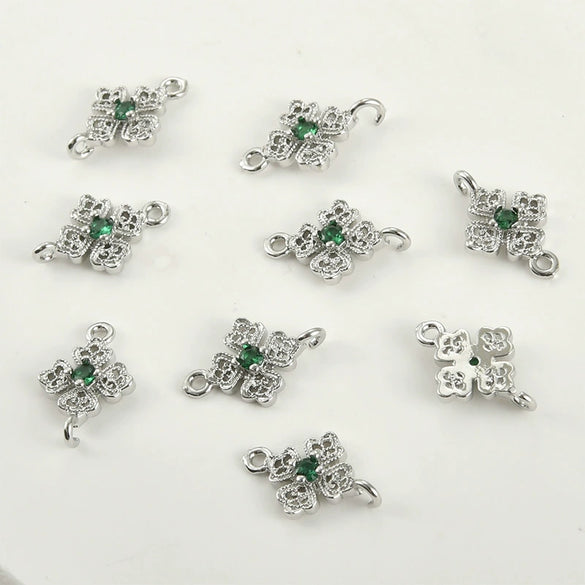 Pocket Green Zirconium Double Hanging Four Leaf Flower Pendant Diy Hand Beaded Copper Electroplated Bracelet Necklace Connection Accessories