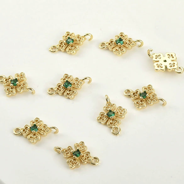 Pocket Green Zirconium Double Hanging Four Leaf Flower Pendant Diy Hand Beaded Copper Electroplated Bracelet Necklace Connection Accessories