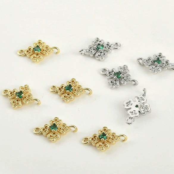 Pocket Green Zirconium Double Hanging Four Leaf Flower Pendant Diy Hand Beaded Copper Electroplated Bracelet Necklace Connection Accessories
