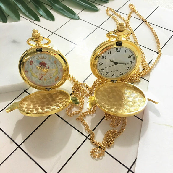 Pocket Watch Alloy Female Cartoon Round Dial With Angel Wings And Sakura Stars Hanging Chain