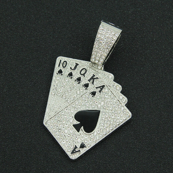 Poker Pendant Necklace Hiphop Style Rhinestone Diamondencrusted Cuban Chain Geometric Design Alloy