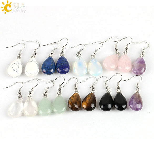 Polished Natural Stone Flat Teardrop Earrings Handmade Simple Crystal Jewelry With Copper Accessories For Women