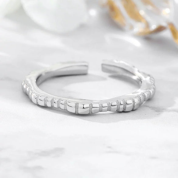 Polished Sterling Silver Geometric Open Ring With Irregular Concave And Convex Hammered Texture For Women And Unisex Wear