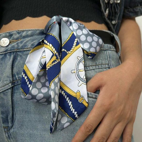 Polyester Hair Band Blue And White Colorblock Printing Retro Style For Women