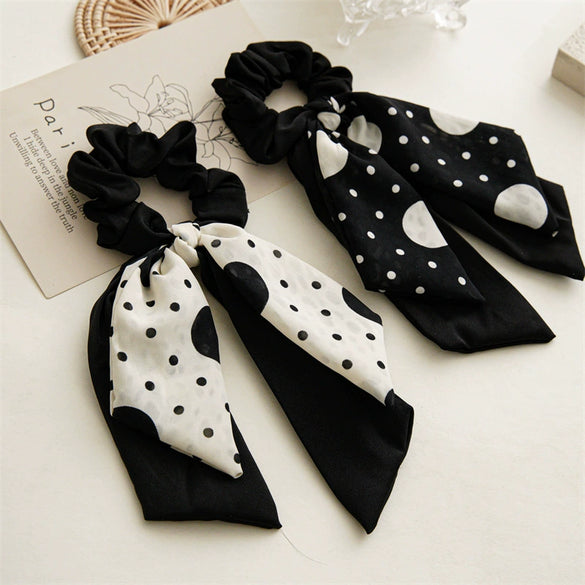 Ponytail Ribbon Large Intestine Hair Band Female Bow Handmade Fabric Black Dotted Headdress