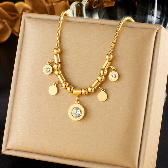Popular All Match Round Geometric Titanium Steel Pendant Chain With Electroplating For Unisex Elegant Retro Clavicle Necklace