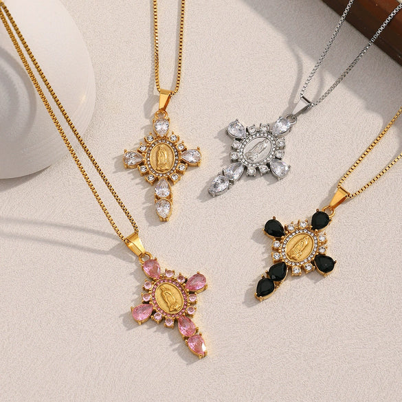 Popular Creative Hiphop Luxury Jewelry Stainless Steel Titanium Steel Plated 18K Gold Virgin Diamond Cross Geometric Pattern For Women Electroplating