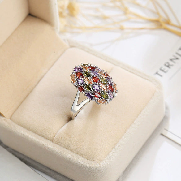 Popular Creative Women's Marquise Mixed Color Zircon Ring Light Luxury Style Copper Electroplated Jewelry