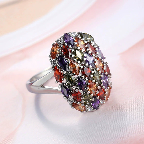 Popular Creative Women's Marquise Mixed Color Zircon Ring Light Luxury Style Copper Electroplated Jewelry