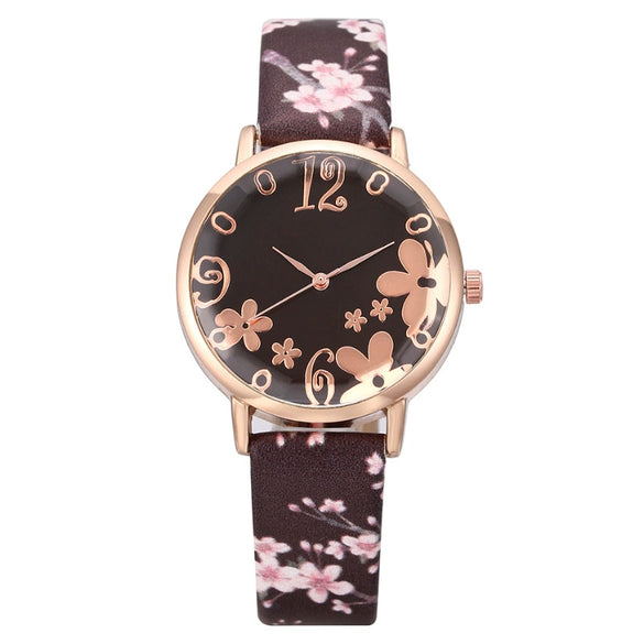 Popular Digital Art Fashion Women's Alloy Case Leather Strap Quartz Watch With Round Dial