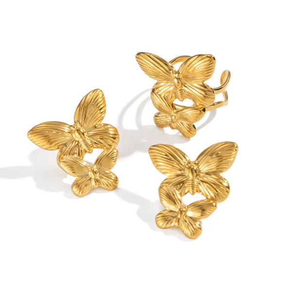 Popular Elegant Butterfly Animal Zodiac Style Stainless Steel Earrings And Ring Jewelry With Electroplating 18K Real Gold