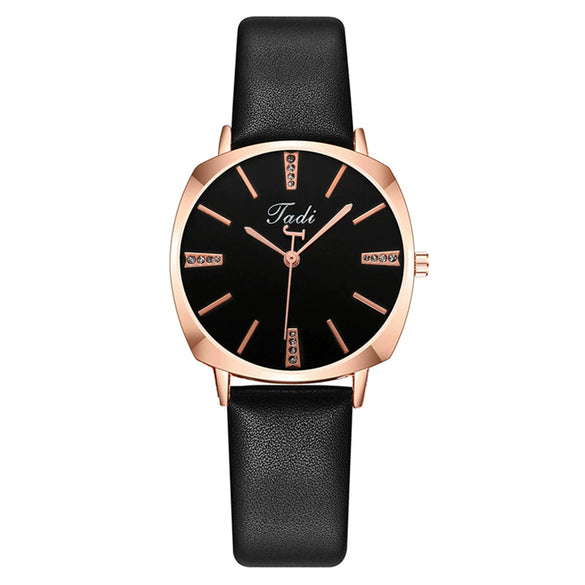 Popular Fashion Diamond Women's Metal Case Imitation Leather Strap Quartz Watch With Round Dial