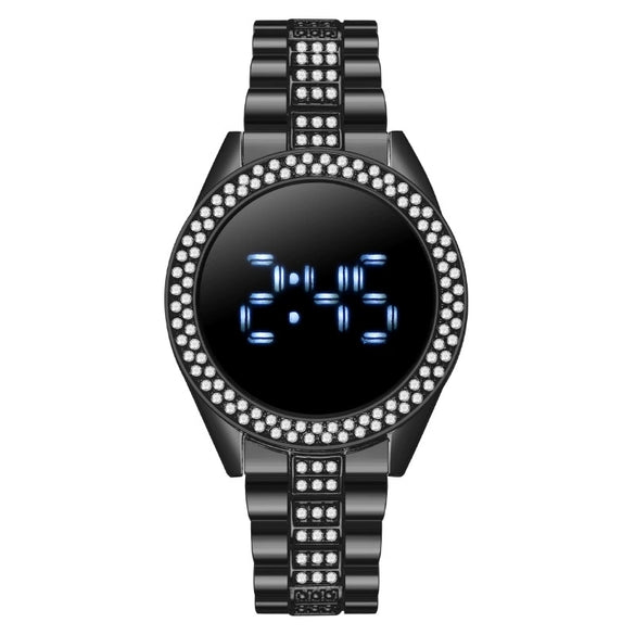 Popular Fashion Diamondencrusted Digital Watch With Metal Case And Strap Round Dial Mineral Reinforced Glass Mirror