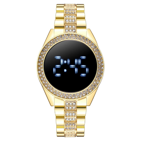 Popular Fashion Diamondencrusted Digital Watch With Metal Case And Strap Round Dial Mineral Reinforced Glass Mirror