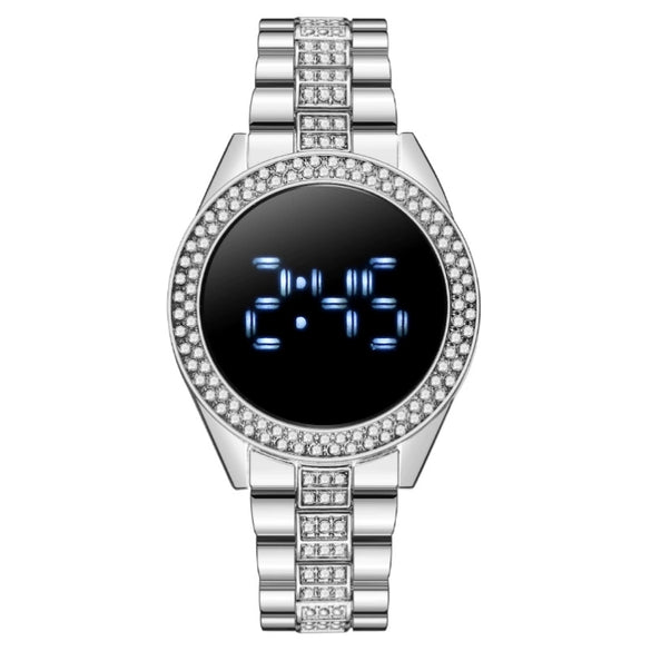 Popular Fashion Diamondencrusted Digital Watch With Metal Case And Strap Round Dial Mineral Reinforced Glass Mirror