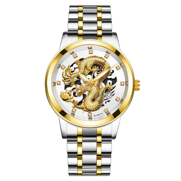 Popular Fashion Men's Watch Metal Band Nonmechanical Business Waterproof Square Diamond Chinese Dragon Design