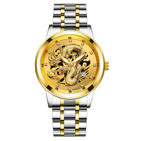 Popular Fashion Men's Watch Metal Band Nonmechanical Business Waterproof Square Diamond Chinese Dragon Design