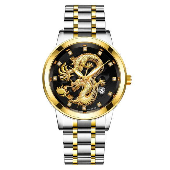 Popular Fashion Men's Watch Metal Band Nonmechanical Business Waterproof Square Diamond Chinese Dragon Design