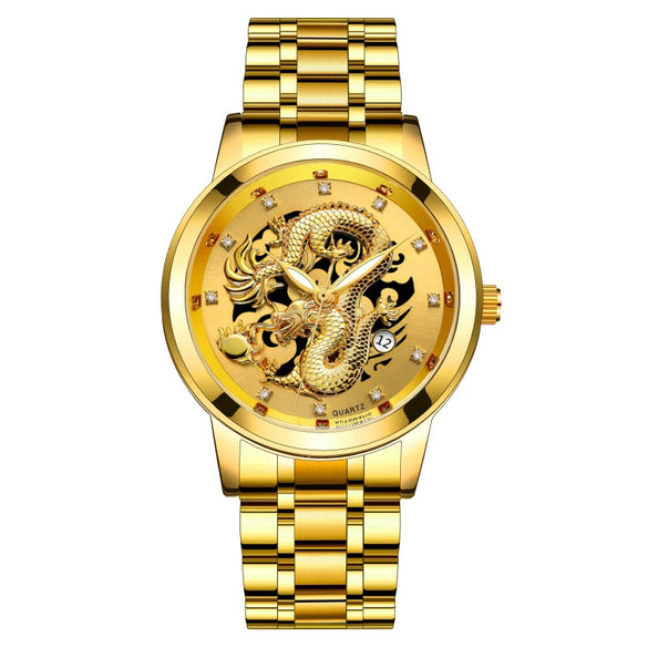 Popular Fashion Men's Watch Metal Band Nonmechanical Business Waterproof Square Diamond Chinese Dragon Design