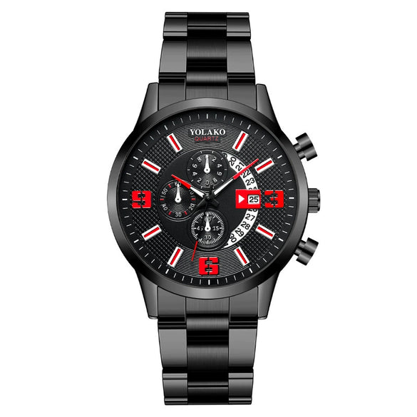 Popular Fashion Men's Watch Stainless Steel Metal Band Threeeye Calendar Digital