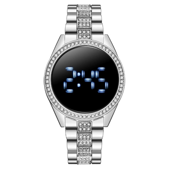 Popular Fashion Metal Women's Diamondencrusted Watch With Round Dial And Digital Display
