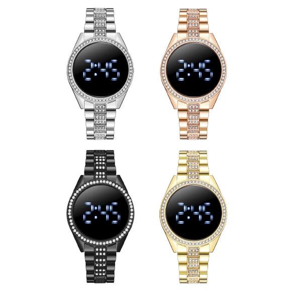 Popular Fashion Metal Women's Diamondencrusted Watch With Round Dial And Digital Display