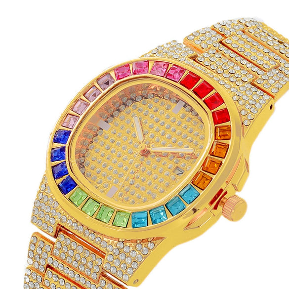 Popular Fashion Women's Alloy Watch With Square Dial And Mineral Strengthened Mirror Full Of Colored Diamonds