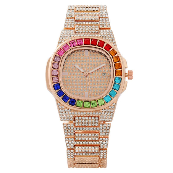 Popular Fashion Women's Alloy Watch With Square Dial And Mineral Strengthened Mirror Full Of Colored Diamonds