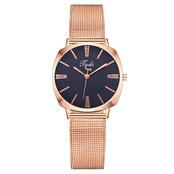 Popular Fashion Women's Metal Mesh Belt Square Dial Quartz Watch With Diamond Encrustment And Stainless Steel Buckle