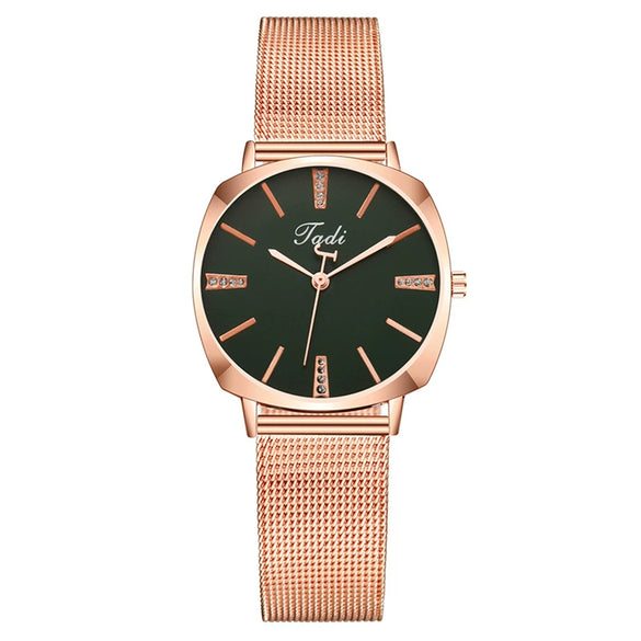 Popular Fashion Women's Metal Mesh Belt Square Dial Quartz Watch With Diamond Encrustment And Stainless Steel Buckle