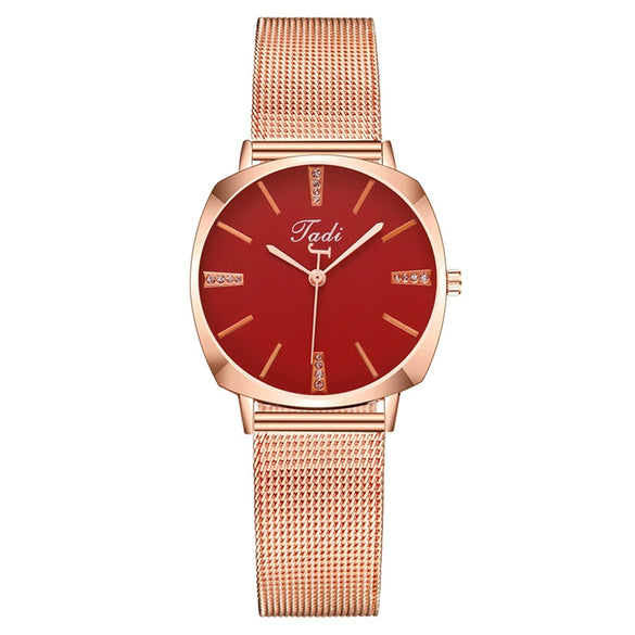 Popular Fashion Women's Metal Mesh Belt Square Dial Quartz Watch With Diamond Encrustment And Stainless Steel Buckle