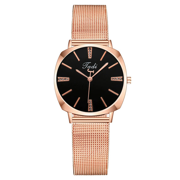 Popular Fashion Women's Metal Mesh Belt Square Dial Quartz Watch With Diamond Encrustment And Stainless Steel Buckle