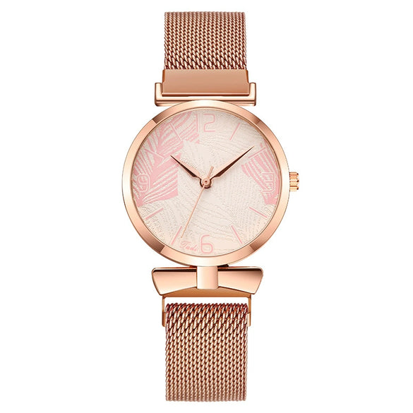 Popular Fashion Women's Metal Watch With Leaf Pattern And Round Dial