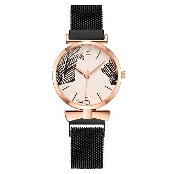 Popular Fashion Women's Metal Watch With Leaf Pattern And Round Dial