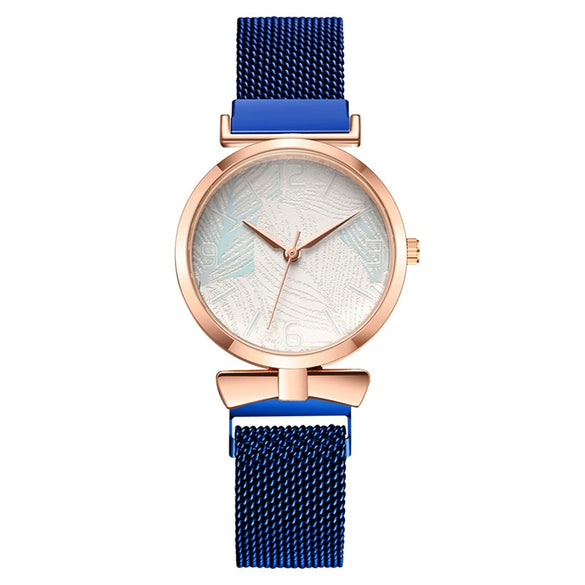 Popular Fashion Women's Metal Watch With Leaf Pattern And Round Dial