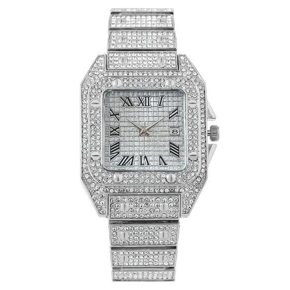 Popular Fashion Women's Quartz Watch Square Metal Case With Full Diamondencrusted Roman Pattern