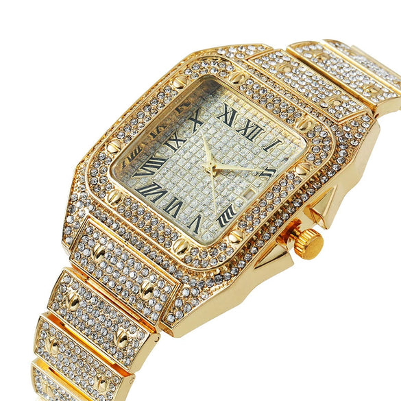 Popular Fashion Women's Quartz Watch Square Metal Case With Full Diamondencrusted Roman Pattern