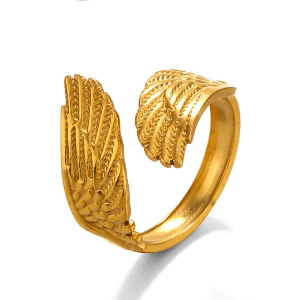 Popular Feather Open Ring For Women Stainless Steel Real Gold Electroplated Hiphop Style